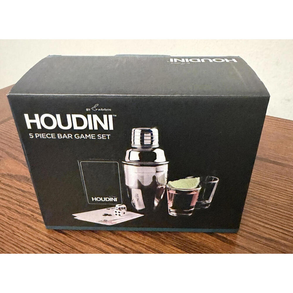 Houdini Stainless Mini Shaker with Shot Glasses 5 Piece Bar Game Set NIB